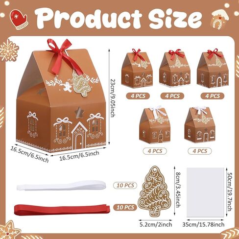 20 Pcs Large Christmas Gift Treat Boxes Gingerbread House Gift Boxes Bulk Wrapping Paper for Treats Candy Desserts Fancy Cookie Goodie Bakery Packaging Party Favors, 6.5 x 6.5 x 9.1 Inches in Saudi Arabia
