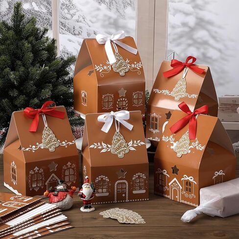20 Pcs Large Christmas Gift Treat Boxes Gingerbread House Gift Boxes Bulk Wrapping Paper for Treats Candy Desserts Fancy Cookie Goodie Bakery Packaging Party Favors, 6.5 x 6.5 x 9.1 Inches in Saudi Arabia