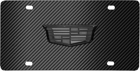 صورة iPick لشعار Cadillac 3D Crest باللون الرمادي الداكن على لوحة ترخيص من الفولاذ المقاوم للصدأ بنمط ألياف الكربون الأسود - مرخصة رسميًا in Saudi Arabia