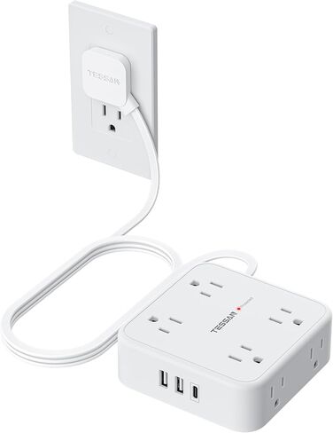 TESSAN Surge Protector Power Strip with 900J Surge Protection, 5 Ft, Grey | 8 AC with 3 USB Ports (1 USB C 20W PD), Flat Plug Extension Cord, 3 Sided Outlet Extender with Power Switch for Dorm Room in Saudi Arabia