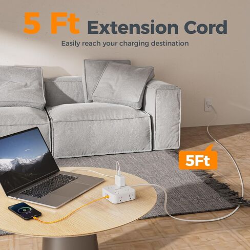 TESSAN Surge Protector Power Strip with 900J Surge Protection, 5 Ft, Grey | 8 AC with 3 USB Ports (1 USB C 20W PD), Flat Plug Extension Cord, 3 Sided Outlet Extender with Power Switch for Dorm Room in Saudi Arabia