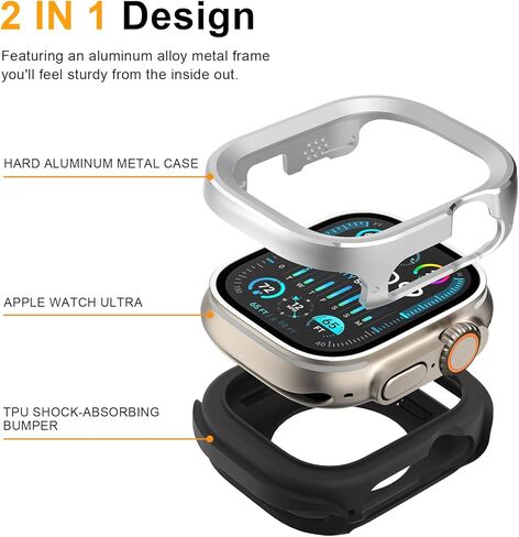 2 in 1 Metal Rugged Case for Apple Watch Ultra 3/2/1 Case 49mm, Aluminum Shockproof Protective Bumper with TPU Back Cover, Raised Edge Screen Protection, Black in Kuwait