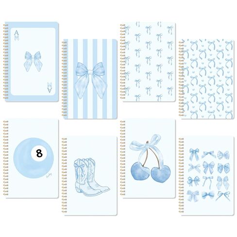 CNhoqc Blue Bow Spiral Notebooks - 8Pcs A5 Size Blue Watercolor Coquette Bow Cherry Notebooks, Hardcover Spiral Binding College Ruled Lined Pages for Gift Journal School Students Work Office Supplies in Saudi Arabia