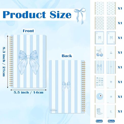 CNhoqc Blue Bow Spiral Notebooks - 8Pcs A5 Size Blue Watercolor Coquette Bow Cherry Notebooks, Hardcover Spiral Binding College Ruled Lined Pages for Gift Journal School Students Work Office Supplies in Saudi Arabia