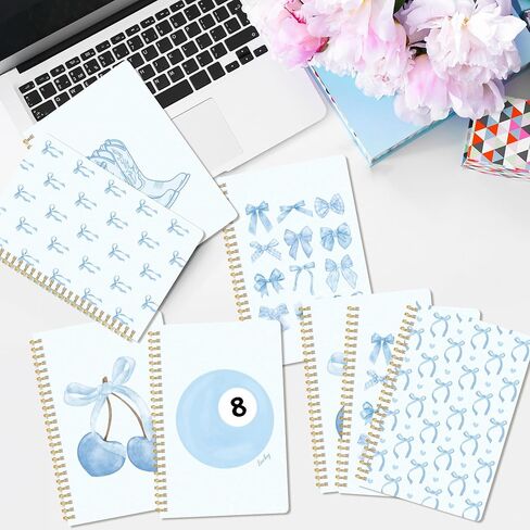 CNhoqc Blue Bow Spiral Notebooks - 8Pcs A5 Size Blue Watercolor Coquette Bow Cherry Notebooks, Hardcover Spiral Binding College Ruled Lined Pages for Gift Journal School Students Work Office Supplies in Saudi Arabia