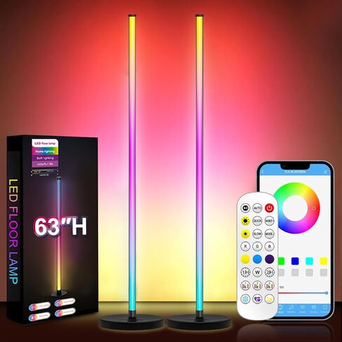 مصباح أرضي RGB بقياس 63 بوصة، مصباح زاوية LED، 16 مليون لون يمكنك صنعه بنفسك، أكثر من 68 مشهدًا، مزامنة الموسيقى، التطبيق وجهاز التحكم عن بعد (عبوة واحدة) in Saudi Arabia