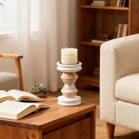 حامل شموع أبيض من الخشب المتعثر، حاملات شموع ريفية مصنوعة يدويًا للشموع الدعامة، حامل شموع على شكل عمود مزرعة مزخرف لغرفة الطعام، قطعة مركزية للطاولة، حاملات شموع ريفية in Kuwait