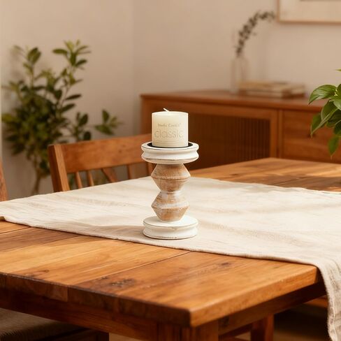 حامل شموع أبيض من الخشب المتعثر، حاملات شموع ريفية مصنوعة يدويًا للشموع الدعامة، حامل شموع على شكل عمود مزرعة مزخرف لغرفة الطعام، قطعة مركزية للطاولة، حاملات شموع ريفية in Kuwait