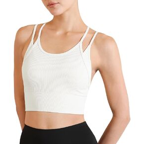 Womens Longline Sports Bra Strappy Padded Workout Top Double Layered Crop Tank Tops