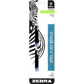 Zebra Pen V-301 Stainless Steel Fountain Pen Refill, Fine Point, 0.7mm, Black Ink, 2-Pack