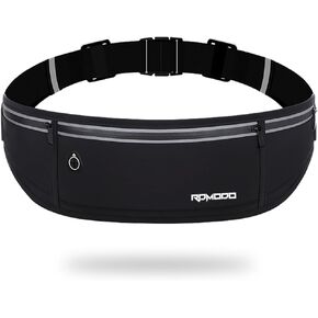 RDMODO Slim Running Belt, Waterproof Fanny Pack for Women Men, 3 Pockets Phone Holder for Running Walking Cycling, Adjustable Reflective Running Waist Bag for iPhone 15 14 13 12 Pro Max Samsung Black