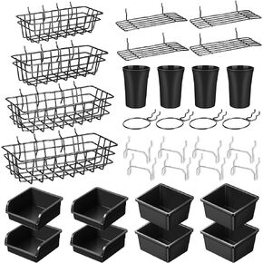 32 Pieces Pegboard Baskets Peg Board Rack Pegboard Bins Peg Board Cups with Hooks and Loops Peg Hooks Wire Shelf Assortment Organizer Tools for Garage Storage Craft Workshop Workbench (Black)