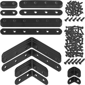 Mardatt 24 Sets Black Corner Braces L Brackets and Straight Braces Mending Plates Heavy Duty Assortment Kit with Screws Fasteners for Wood Shelf Chair Cabinet Furniture (20/50/100mm,40/100/160mm)