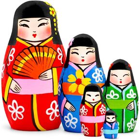 AEVVV Japanese Nesting Dolls Set of 5 pcs - Matryoshka with Japanese Decorations - Kokeshi Dolls in Japanese Kimono - Wooden Kokeshi Dolls - Japanese Room Decor