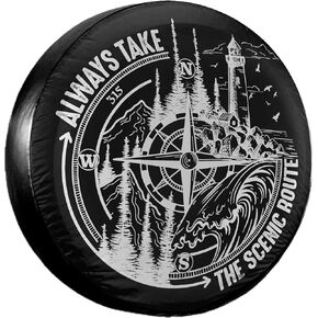 Camper Spare Tire Cover 15 inch- Scenic Route Compass Design - Durable PVC Leather, Waterproof & Dust-Proof - Black & White Wheel Protector for 15-inch RV, Jeep, Trailer, SUV Tires