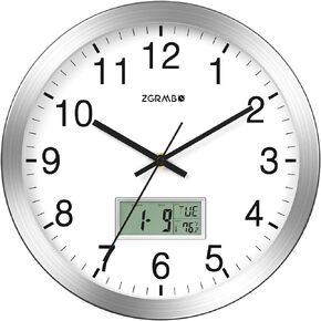 Zgrmbo 12" Atomic Analog Wall Clock with Digital Date, Week, Indoor Temp - Battery Operated Atomic Wall Clock, Auto Sets, Auto DST, Silver Brushed Finish, Easy to Read, Style fits Any Decor (Silver)