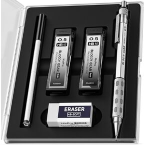 Blocky Gear 0.3 mm Mechanical Pencils Set in Case, Metal Pencil with Lead Refills, Eraser for Professional & Adult Art Writing Drafting Drawing