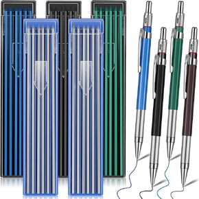 Nezyo 4 Pieces Welder Pencil with 60 Pieces Round Refills Mechanical Pencil Metal Marker Pen for Construction Workers, Metal Work, Welders, Plumbers, Framers (Black, Red, Yellow, Silver)