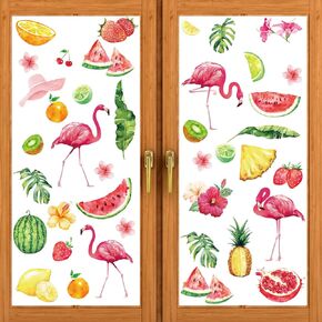 80 Pieces Summer Flamingo Window Sticker Hawaii Window Decals Flamingo Watermelon Strawberry Window Sticker for Bedroom Living Room Swimming Pool Window Refrigerator Summer Beach Party Decorations