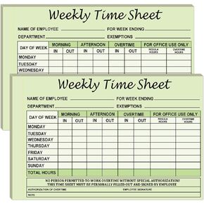 Employee Weekly Time Sheets Weekly Format 2 Part Carbonless 5.5 x 8.26 Inch - Daily Time Sheet Log Book Weekly Format 100 Sets