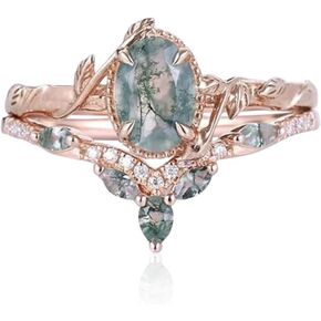 Flpruy Natural Moss Agate Ring for Women 925 Sterling Silver Green Moss Agate Set Ring for Women Promise Ring Engagement Moss Agate Jewelry for Wedding/Anniversaries/Daily