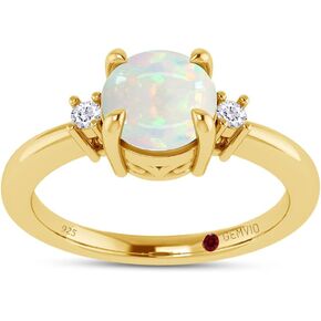 Round 6MM Natural White Opal Gemstone & Diamond Accent Solitaire Ring In 14K Gold Over Sterling Silver Engagement Anniversary Ring For Womens (0.70Cttw) Valentine's Day Gift For Her