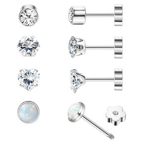 Enticera 4Pairs Hypoallergenic Flat Back Earrings for Women 14K Gold Cartilage Earring for Sensitive Skin CZ Opal Screw Back Nap Earrings for Helix Piercing Gold