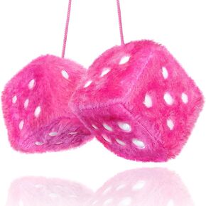 Pink Fuzzy Dice Car Accessories - Plush Cute Pink Car Accessories for Interior - Plush Rear View Mirror Hanging Ornament Decorations - Retro Y2K McBling 2000s Aesthetic Decor - (Pink Black)