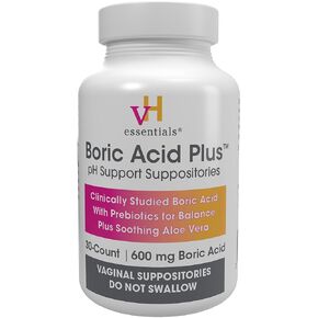 vH essentials Boric Acid Plus Vaginal Suppositories, Prebiotic Infused with Soothing Aloe Vera, pH Support Formula Fights Odor and Promotes Freshness, 600mg Boric Acid, 30 Count