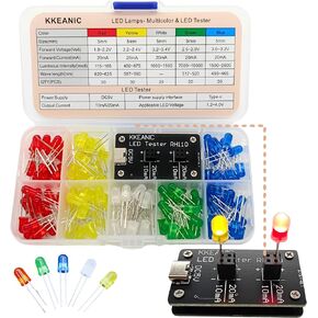 KKEANIC 130 PCS 5mm LED Diode Light, 1 PCS LED Tester, 5 Colors (Colored Scattering Lens) Emitting Lighting Bulb Lamp Assorted Kit Variety Color White Red Green Blue Yellow