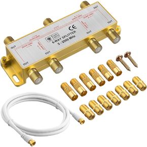 Justech 6 Way Coaxial Cable Splitter TV Aerial Coax Splitter MoCA 5-2500MHz with 1.5m Coax Cable F Plugs for Sky Box Telewest Eurovox Starview Dreambox- Gold Plated