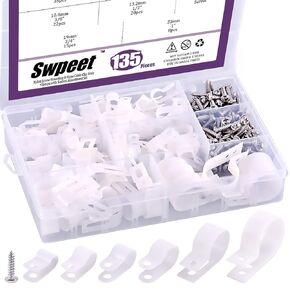 Swpeet 135 Pack 6 Sizes White+Black Nylon Plastic R-Type Cable Clips Clamp Assortment Kit, 3/16" 1/4" 3/8" 1/2" 3/4" 1" Nylon Screw Mounting Cord Fastener Clips with 135Pcs Screws for Wire Management