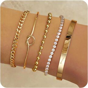 Fansilver أساور الذهب للنساء 14K الذهب الحقيقي الإسورة الكفة سوار مجموعة الذهب مطلي مطرز مشبك الورق الكوبي سلسلة سوار مكعب زركونيا سوار التنس للنساء المكدس