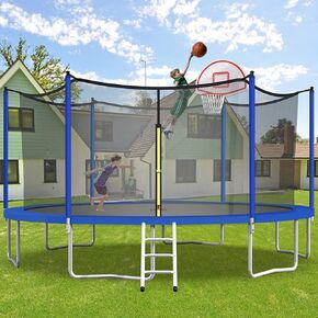 ترامبولين UBGO بطول 15 قدم، ترامبولين خارجي مع شبكة مغلقة، ترامبولين مستدير مع سلم وحلقة كرة السلة، ترامبولين في الفناء الخلفي للأطفال والعائلة وقت سعيد باللون الأزرق in Kuwait