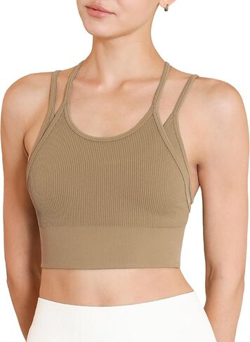 Womens Longline Sports Bra Strappy Padded Workout Top Double Layered Crop Tank Tops in Saudi Arabia