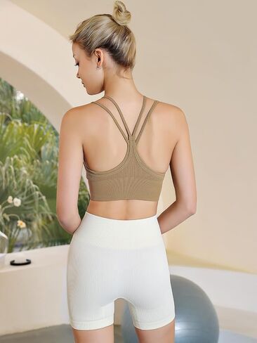 Womens Longline Sports Bra Strappy Padded Workout Top Double Layered Crop Tank Tops in Saudi Arabia