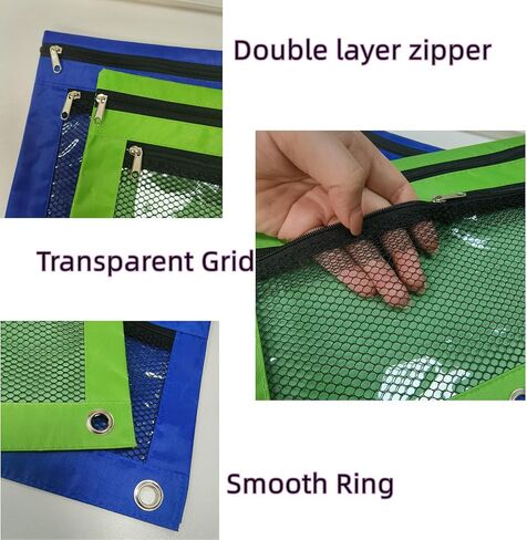 BeeSpring 3 Ring Binder قلم رصاص الحقيبة شبكة الموثق قلم رصاص الحقيبة مع جيب مزدوج نافذة واضحة سستة حالة حقيبة مستحضرات التجميل أكياس قلم رصاص للماء للوازم المكتب (2 جهاز كمبيوتر شخصى، الياقوت الأزرق والأخضر) in Kuwait