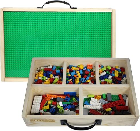Wooden Box Building Blocks Organizer - 5 Compartments, Sliding Lid With Baseplate, Handle - Mega Bloks in Saudi Arabia