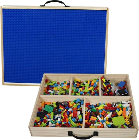 Wooden Box Building Blocks Organizer - 5 Compartments, Sliding Lid With Baseplate, Handle - Mega Bloks in Saudi Arabia