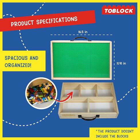 Wooden Box Building Blocks Organizer - 5 Compartments, Sliding Lid With Baseplate, Handle - Mega Bloks in Saudi Arabia