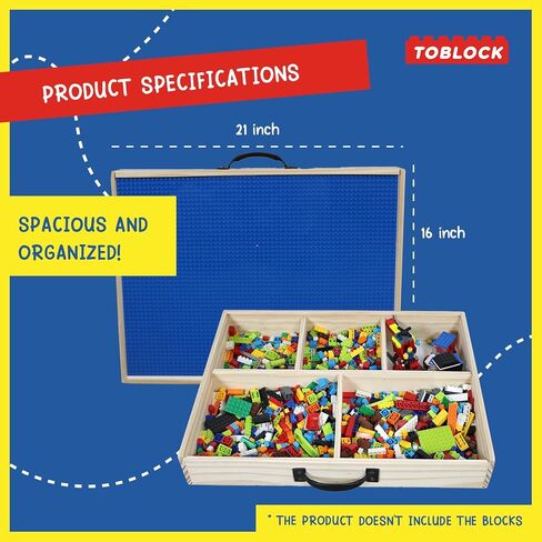 Wooden Box Building Blocks Organizer - 5 Compartments, Sliding Lid With Baseplate, Handle - Mega Bloks in Saudi Arabia