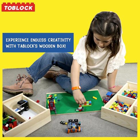 Wooden Box Building Blocks Organizer - 5 Compartments, Sliding Lid With Baseplate, Handle - Mega Bloks in Saudi Arabia
