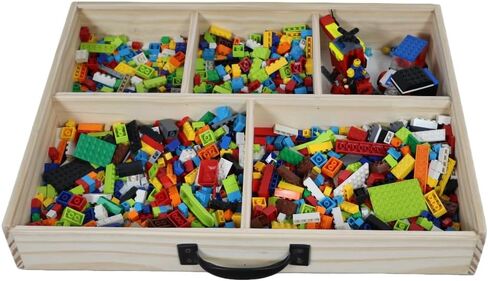 Wooden Box Building Blocks Organizer - 5 Compartments, Sliding Lid With Baseplate, Handle - Mega Bloks in Saudi Arabia