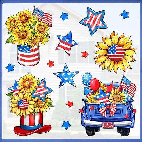 Mfault 4th of July Patriotic Window Clings 4 Sheets, America USA Sunflower Flower Floral Blue Truck Stickers Decal Decorations, American Flag Mason Jar Hat Stars Stripes Home Kitchen Decor in Saudi Arabia