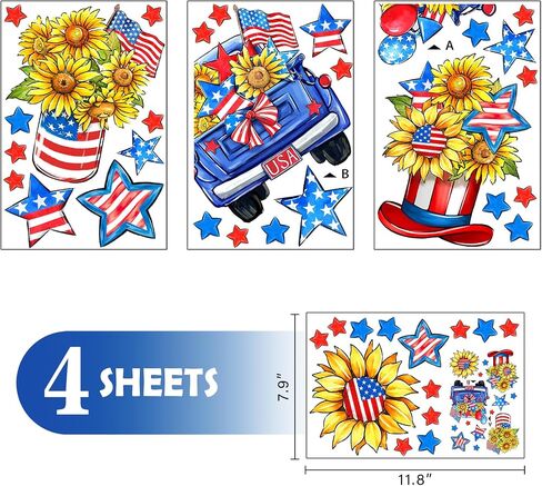 Mfault 4th of July Patriotic Window Clings 4 Sheets, America USA Sunflower Flower Floral Blue Truck Stickers Decal Decorations, American Flag Mason Jar Hat Stars Stripes Home Kitchen Decor in Saudi Arabia