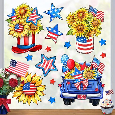 Mfault 4th of July Patriotic Window Clings 4 Sheets, America USA Sunflower Flower Floral Blue Truck Stickers Decal Decorations, American Flag Mason Jar Hat Stars Stripes Home Kitchen Decor in Saudi Arabia