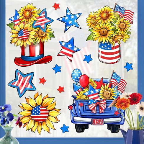 Mfault 4th of July Patriotic Window Clings 4 Sheets, America USA Sunflower Flower Floral Blue Truck Stickers Decal Decorations, American Flag Mason Jar Hat Stars Stripes Home Kitchen Decor in Saudi Arabia