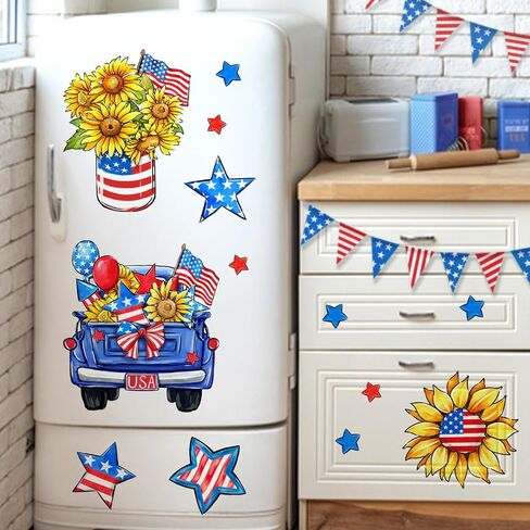 Mfault 4th of July Patriotic Window Clings 4 Sheets, America USA Sunflower Flower Floral Blue Truck Stickers Decal Decorations, American Flag Mason Jar Hat Stars Stripes Home Kitchen Decor in Saudi Arabia