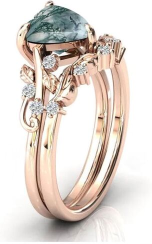 Flpruy Natural Moss Agate Ring for Women 925 Sterling Silver Green Moss Agate Set Ring for Women Promise Ring Engagement Moss Agate Jewelry for Wedding/Anniversaries/Daily in Kuwait