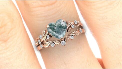 Flpruy Natural Moss Agate Ring for Women 925 Sterling Silver Green Moss Agate Set Ring for Women Promise Ring Engagement Moss Agate Jewelry for Wedding/Anniversaries/Daily in Kuwait